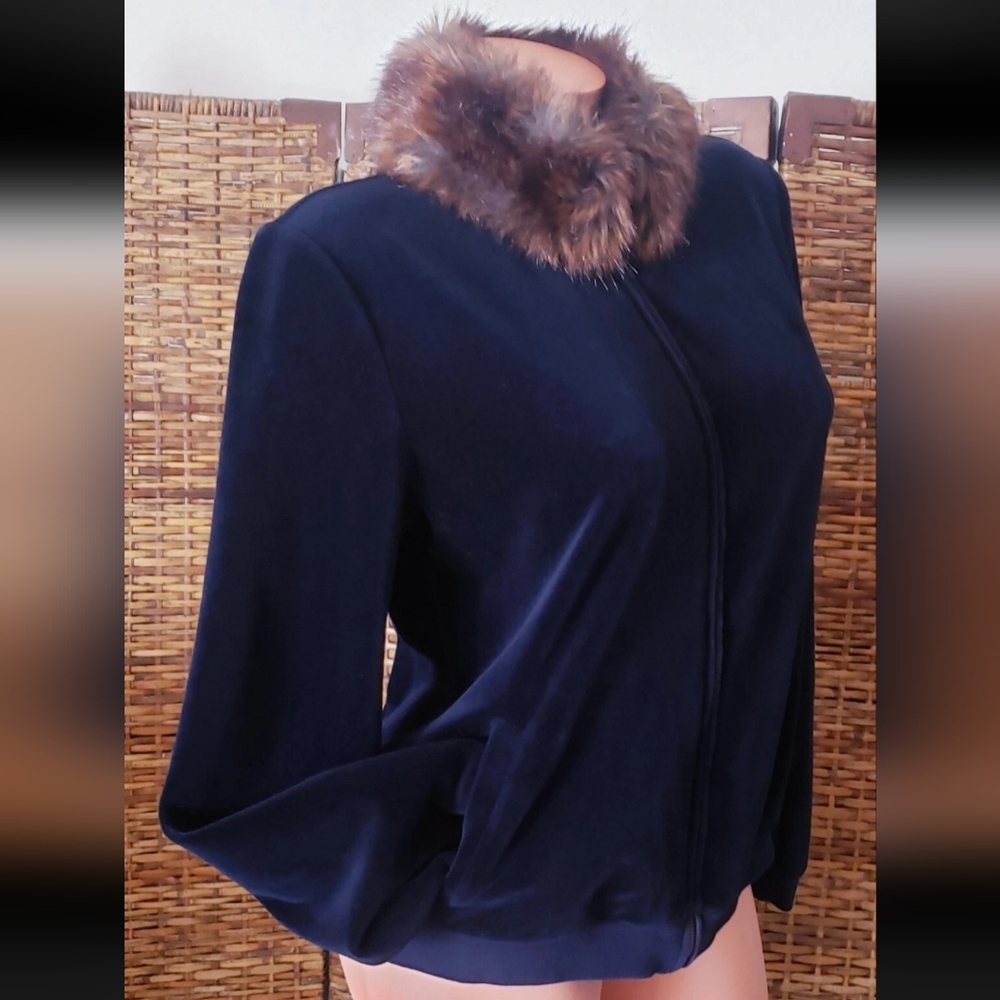 Black Lux Vintage Y2K Velvet Velour Faux Fur Coller Track Jacket Full Zip Sz PL